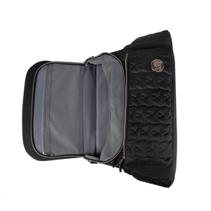 Waterproof quilted black diaper backpack with spacious grey interior and mesh pockets