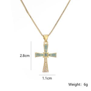 Gold plated cross necklace with blue and white zircons, 2.8cm pendant size