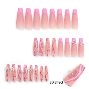 Faux ongles 3D papillon dégradé rose avec perles et paillettes forme cercueil longue