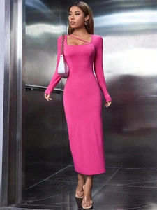 Vestido Midi Ajustado Manga Larga Cuello Cuadrado Tirante Asimétrico Color Sólido Punto Ajuste Ceñido Elegante Moda Mujer