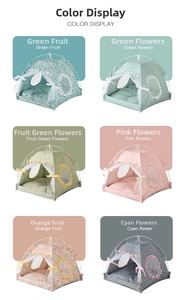 Collage of portable pet tents featuring diverse floral and fruit patterns with matching mats