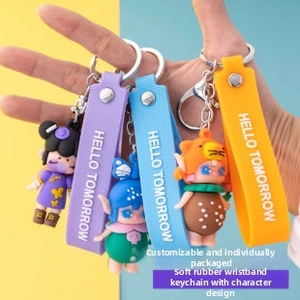 Detail of Hello Tomorrow cartoon doll wristband keychains with metal D-ring and lobster clasp