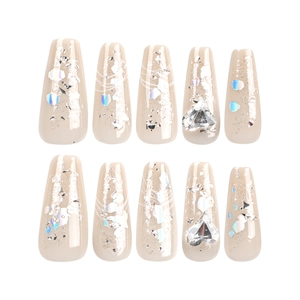 Sparkling long coffin press-on nails with silver glitter, sequins and 3D heart rhinestones