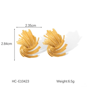 Detailed view of wave-textured golden stainless steel earrings with measurements and weight