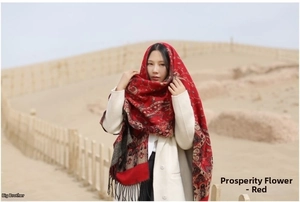Close-up of ethnic red cashmere shawl with floral patterns and black fringe details