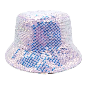 Close-up of iridescent sequins on a lavender bucket hat showing detailed fabric texture