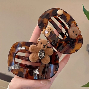 Vintage tortoiseshell hair clips with flocked bear, rhinestones and silk bow for women