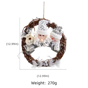 Christmas rattan wreath with plush Santa, reindeer, and snowman dolls, 33cm diameter