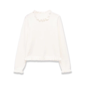 Elegant white long sleeve knit sweater featuring decorative ruffled collar and cuffs