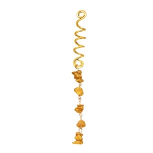 Detail of gold spiral hair accessory featuring a natural stone pendant on white background