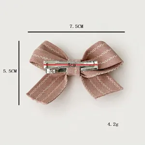 Pink striped fabric bow hair clip with silver alligator hair pin for girls and women