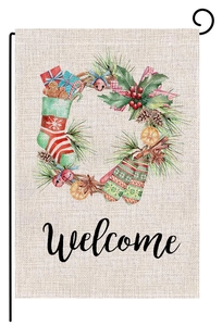 Watercolor Christmas wreath garden flag with pinecones and berries on linen texture