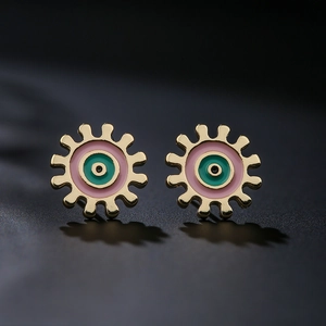 18K gold-plated gear stud earrings with pink and turquoise enamel eye patterns