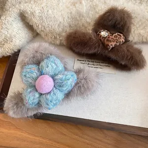 Plush heart and woven flower hair claws in faux fur with leopard print and crystal detail