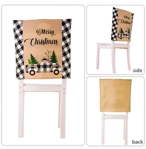 Three-angle view of Merry Christmas chair covers with plaid car design and faux linen texture