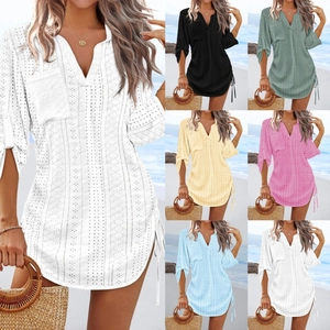 Dames Mini Jurk Broderie Anglaise V Hals Zijkoord Lange Mouwen Strand Vakantie Casual Overhemdjurk