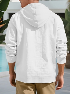Rear view of a white linen hooded shirt for men featuring textured fabric and beach style