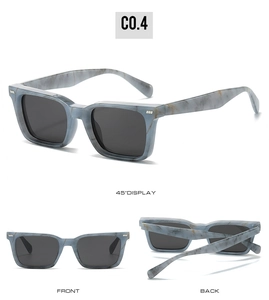 Detailed multi-angle views of grey marble textured square sunglasses with grey lenses