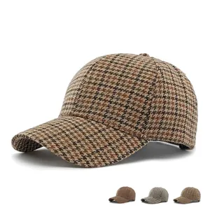 Vintage Houndstooth Plaid Baseball Cap Curved Brim Hard Top Adjustable Polyester Tweed Sunshade Outdoor For Women Men