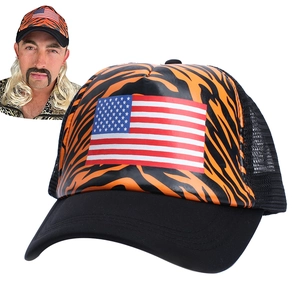 Detailed view of tiger print trucker hat with US flag patch and breathable black mesh