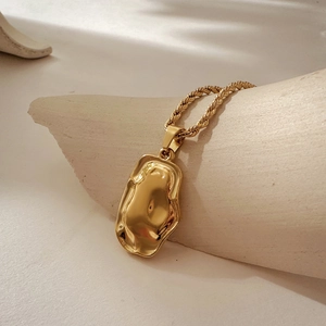 18K gold stainless steel irregular hammer texture pendant necklace with rope chain