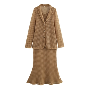 Women Hollow Mesh Knit Blazer And Fishtail Skirt Elegant Solid Color Beach Vacation Casual Outfit