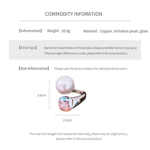 Detail showing dimensions of silver-plated ring with pink crystal and white pearl