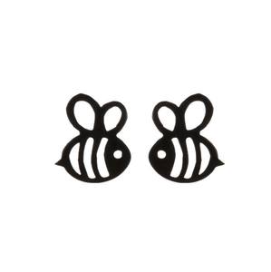 Minimalist black stainless steel bee stud earrings with hollowed honeycomb design