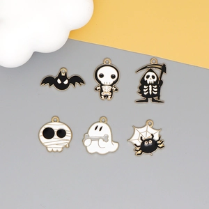 Set of 6 Halloween enamel charms including ghost bat and skull for DIY jewelry making