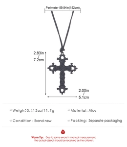 Detailed size specifications for a Gothic cross pendant necklace with black cord