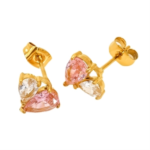 Golden titanium steel earrings with pink and clear pear-cut zircon stones