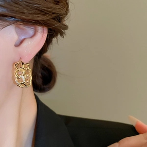 Close-up of gold-plated chain link earrings with micro-pave cubic zirconia on model