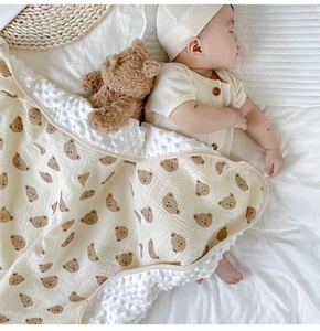 Close-up of baby blanket with brown bear print and soft 3D dotted plush texture