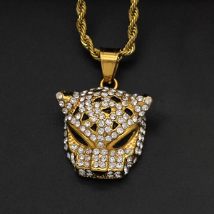 Collana Con Ciondolo Testa Di Leopardo Iced Out Acciaio Inossidabile Placcato Oro Con Strass Hip Hop Uomo