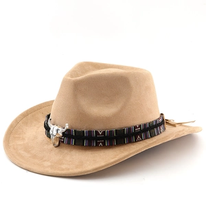 Chapeau de cowboy classique en daim kaki avec emblème de tête de taureau en métal