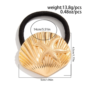Detail view of golden seashell and starfish ponytail holder with precise size measurements