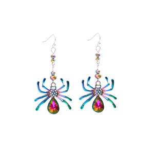 Fashionable spider drop earrings featuring multi-color crystals and iridescent metal plating