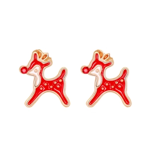 Christmas reindeer stud earrings in red and white enamel with gold edges and rhinestones