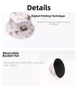 Detail of reversible Christmas bucket hat with reindeer prints and plain black interior