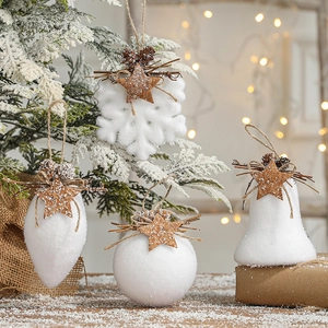 White Flocked Foam Christmas Hanging Ornaments Wood Star Natural Pinecone Hemp Rope For Nordic Rustic Winter Holiday Decor