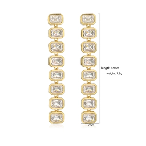 Golden drop earrings with rectangular zircon crystals, 52mm length and 7mm width