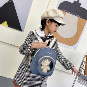 Cute blue kids backpack with transparent window and white plush bear for girls