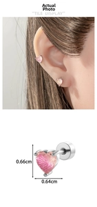 Detail view of pink heart zircon stud earring with 0.66cm size dimensions displayed