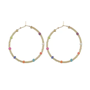 Bohemian Colorful Artificial Pearl Bead Hoop Earrings Stainless Steel Gold Plated Rainbow Seed Bead Circular Drop Earrings