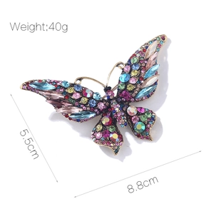 Vintage crystal butterfly brooch in colorful rhinestones with 8.8cm large gold alloy frame