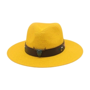 Chapeau Fedora En Paille À Bord Large Accessoire Crâne De Taureau Broderie Florale Ethnique Western Cowboy Plage Soleil