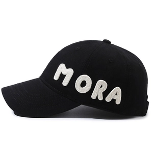 Classic black cotton baseball cap with white MORA 3D embroidery on a curved brim