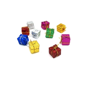 Mini colorful Christmas gift box ornaments with shiny foil finish and gold ribbons
