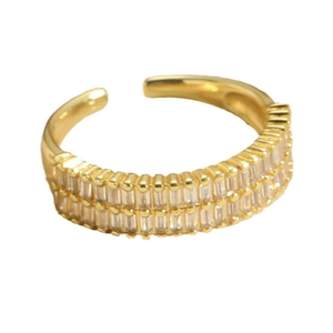 Double-row rectangular zircon gold open ring with adjustable band for women