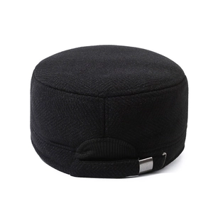 Black winter military flat cap for men with warm fleece lining and herringbone texture